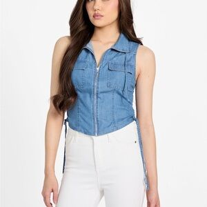 Guess Denim Sleeveless Zip-Up Top